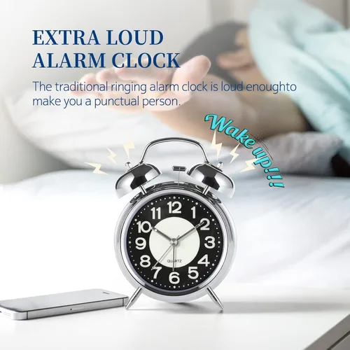 Miniatura 2 de Reloj despertador súper fuerte para personas que duermen pesadas, reloj despertador de campana doble de 4 pulgadas con luz de fondo, funciona