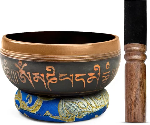 Miniatura 12 de Juego de cuencos tibetanos de latón, grado curativo maestro, auténtico cuenco de sonido hecho a mano por Himalayan Bazaar Negro