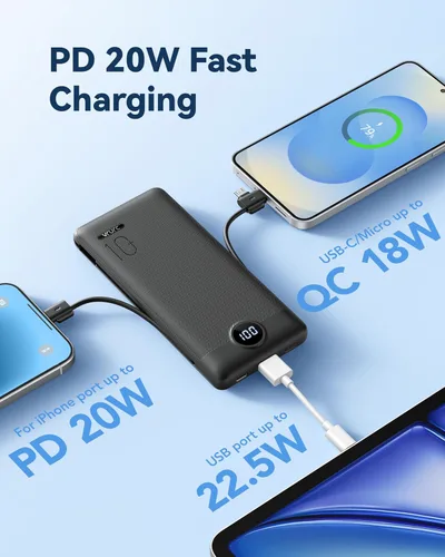 Miniatura 6 de VRURC Cargador Portátil con Enchufe de Pared, 10000mAh Cargador Portátil Delgado con Cables Integrados, PD 20W Banco de Energía de Carga Rápida