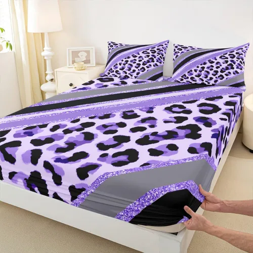 Miniatura 8 de Sábana bajera ajustable para niños, tamaño individual, diseño de cebra y leopardo con purpurina, decoración de habitación para niñas y mujeres, A1