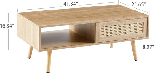 Miniatura 2 de Mesa de centro de ratán con armario de almacenamiento y estante abierto, mesa central de madera con puerta corredera de ratán, muebles modernos