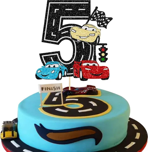 Miniatura 10 de Ephlyn 1 pieza de decoración para tarta de primer cumpleaños de coche de carreras con purpurina, decoración de tarta 1er cumpleaños para bandera a