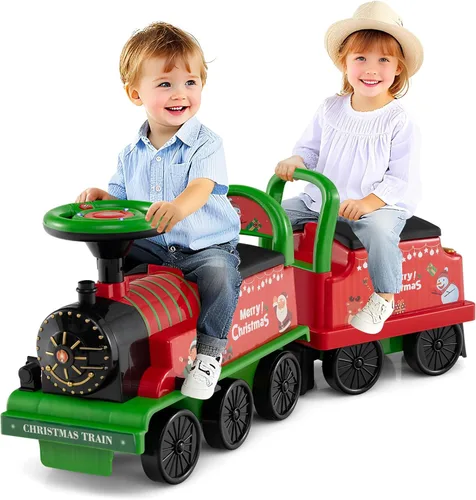 Costzon Tren de paseo de 2 plazas con carruaje, juguete de 6 V con almacenamiento debajo del asiento, reposapiés, silbato de tren, música y luces