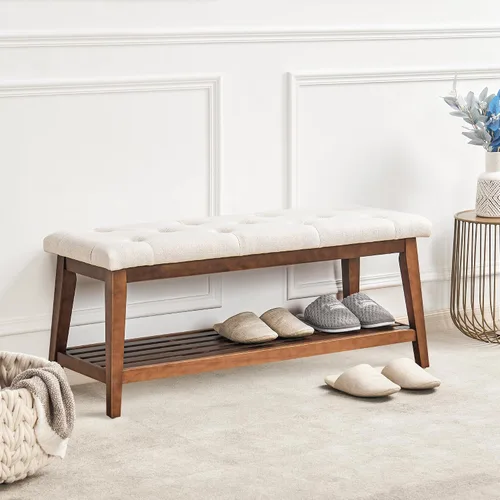 Miniatura 7 de kinmars Banco Tapizado para Dormitorio al Pie de la Cama, Banco de Entrada de 42.5 Pulgadas para Sala de Estar, Banco de Comedor con Asiento Beige