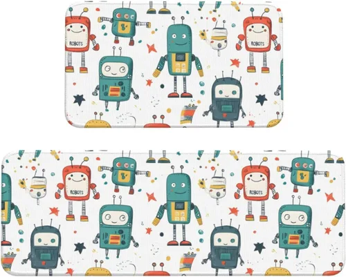 Cute Colorful Robot Print Kitchen Mats for Floor 2 Piece - Anti Fatigue Mats for Kitchen Floor, Non Slip Washable Rugs Home Decor