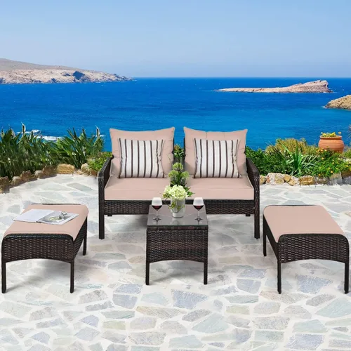Miniatura 7 de Juego de muebles de patio de 5 piezas, silla de mimbre de ratán para conversación al aire libre con 2 otomanas y mesa de centro de vidrio templado