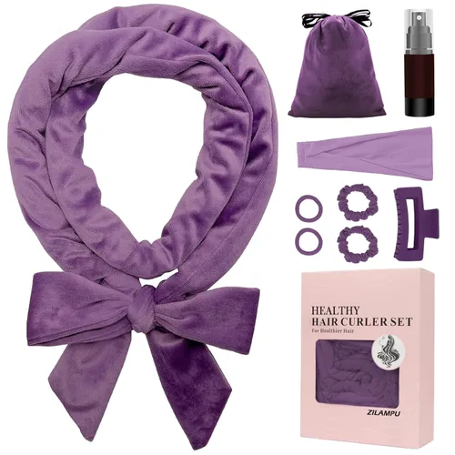 ZILAMPU Diadema de varilla rizadora sin calor, rizadores de pelo para dormir, morado, 70 pulgadas de largo, material de terciopelo extra suave,