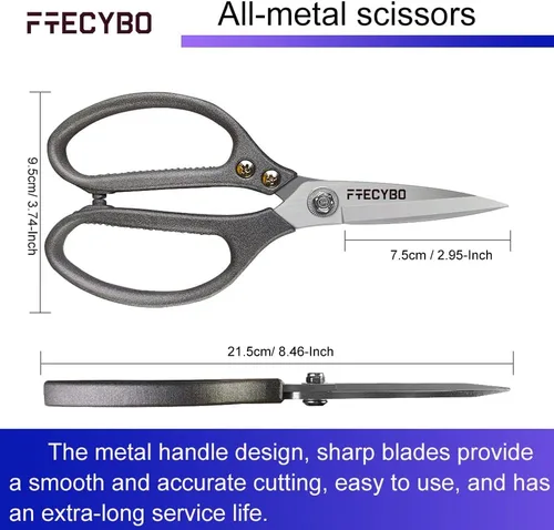 Miniatura 6 de Tijeras resistentes de 8.5 pulgadas, multiusos, tijeras de cuero, cuchillas de acero inoxidable reforzadas con asas de metal para el hogar, oficina