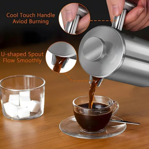 Miniatura 7 de Cafetera de prensa francesa de 34 onzas, aislamiento de doble pared de acero inoxidable, 3 filtros adicionales y cuchara de café para café Plateado
