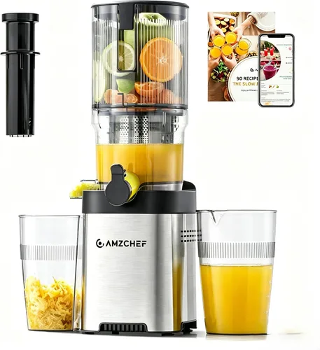 Miniatura 9 de Exprimidor de prensa en frío con autoalimentación extra de 5.2 pulgadas para verduras y frutas enteras, extractor de jugo con barrena grande
