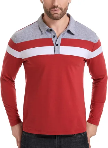 Miniatura 2 de NAVEKULL Camisas polo de manga larga para hombre, camisa casual de algodón, ajustada, camisa con cuello de retazos