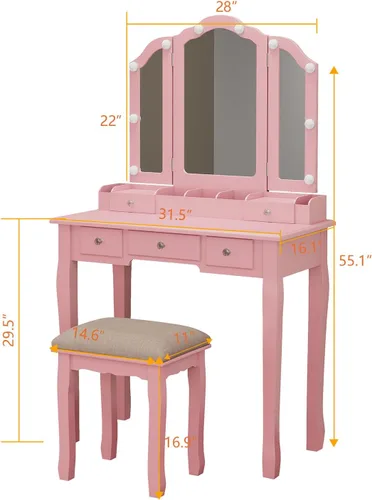 Miniatura 8 de YIXHQ Tocador con luces para niñas, juego de escritorio con cajones, tocador de maquillaje con espejo y luces, tocador de maquillaje rosa