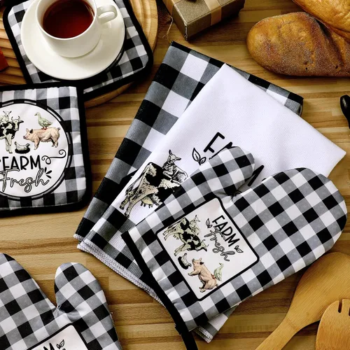 Miniatura 6 de Bencailor 6 piezas de toallas de cocina de granja, guantes de horno y soportes para ollas, paños decorativos para cocina, té, antideslizantes, blanco