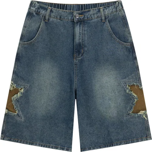 Vamtac Pantalones cortos de mezclilla para hombre, diseño de retazos de estrellas, tiro medio, casual, holgado, para verano, pantalones de mezclilla