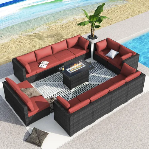 Miniatura 43 de BULEXYARD Juego de 7 piezas de sofá seccional para exteriores con respaldo alto, mesa para fogatas, juego de muebles de patio de mimbre resistente a