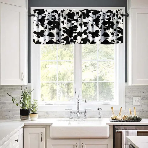 Miniatura 3 de Cenefa de piel de vaca blanca y negra, con estampado de animales de granja occidental, cortina corta opaca para ventana de granja, cocina