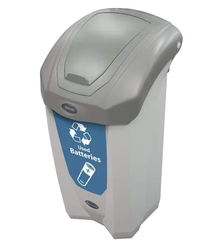 Nexus - Contenedor de reciclaje de baterías 8G (gris, adhesivo azul) - Pequeño contenedor de plástico para baterías usadas - Contenedor de reciclaje