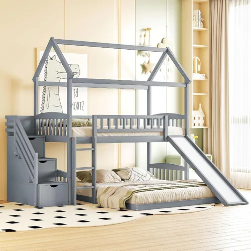 Miniatura 3 de Actual Literas de casa con tobogán, litera de madera maciza individual sobre cama individual con escaleras, techo, barandillas, cama alta de madera
