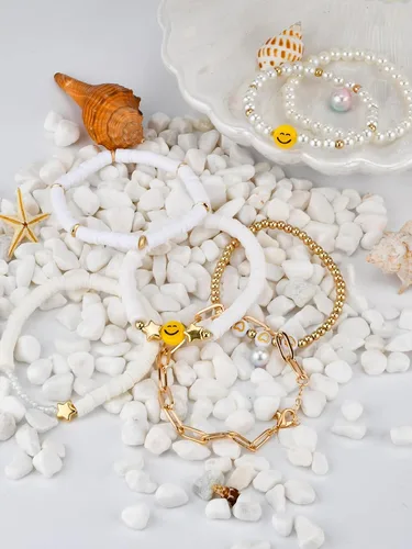 Miniatura 20 de Preppy Heishi - Juego de pulseras de surfista para niñas adolescentes, bonitos aretes estéticos, anillos estéticos preppy coloridos de oro blanco