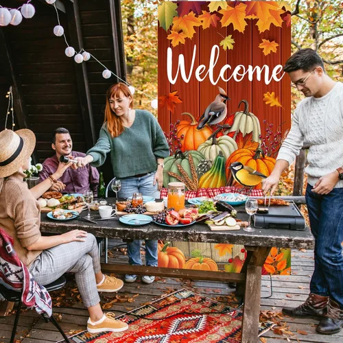 Miniatura 5 de Cartel de puerta de Acción de Gracias, decoración grande para puerta de otoño, pájaro, calabaza, telón de fondo, suministros de fiesta para cosecha