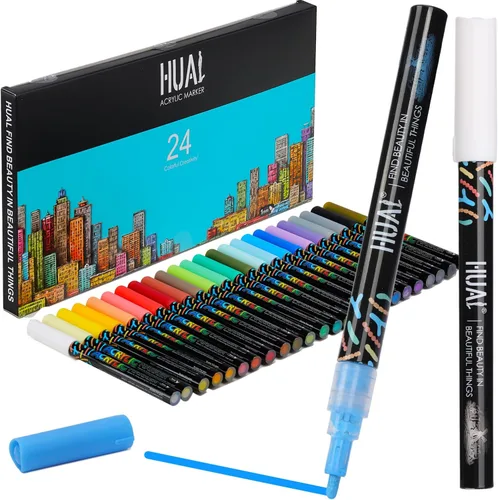 Miniatura 7 de HUAL Bolígrafos de pintura acrílica de doble punta, 24 colores finos y marcadores de punta de pincel para artistas profesionales, manualidades