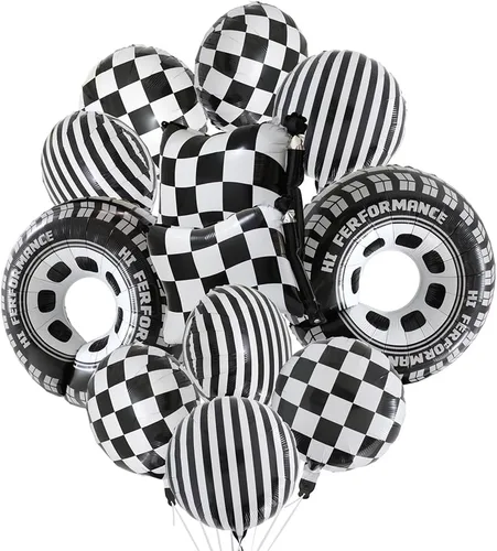 Miniatura 9 de 12 globos de aluminio de automóvil de carreras blanco y negro, globos a cuadros con bandera a cuadros y globos de neumáticos de rueda caliente