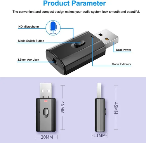 Miniatura 6 de Bluetooth Car Adapter, Mini Bluetooth 5.0 Stereo Transmitter Receiver, Wireless 3.5mm Aux Jack Hands-Free Calls Kit Audio Adapter Built-in Mic for
