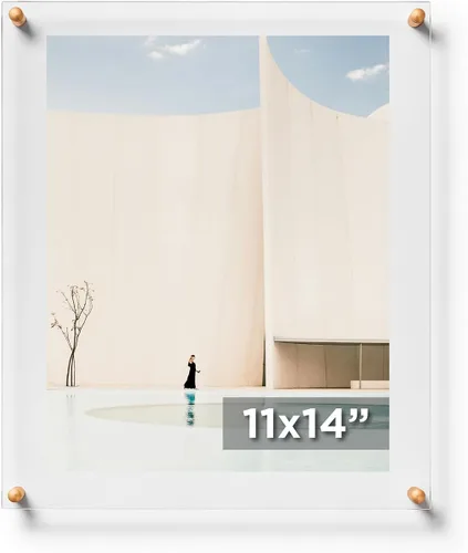 Miniatura 5 de Marco de fotos acrílico flotante de doble panel transparente de 8 x 10 pulgadas con herrajes dorados para mostrar arte y fotos en la pared