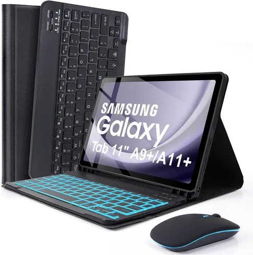 LAMA Funda con teclado para Samsung Galaxy de 11 pulgadas Tab A9 Plus 2023/Tab A11 Plus 2025 con ratón, retroiluminación de 7 colores, funda