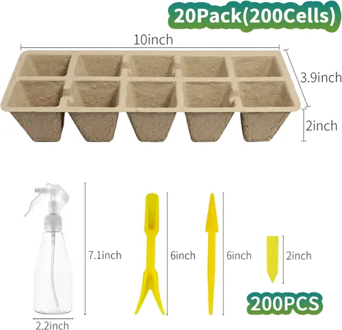 Miniatura 2 de Bandejas de inicio de plántulas de 200 celdas con agujeros de drenaje, 20 macetas de turba biodegradables, kit de inicio de plántulas, bandejas