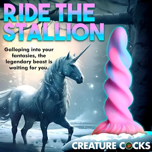 Miniatura 4 de CREATURE COCKS Consolador de silicona de unicornio que brilla en la oscuridad para hombres, mujeres y parejas. Firme y flexible, base de succión