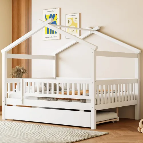 Miniatura 15 de Harper & Bright Designs Cama de madera con nido, marco de cama Platforn para niños de tamaño individual con rieles de valla y techo para niñas