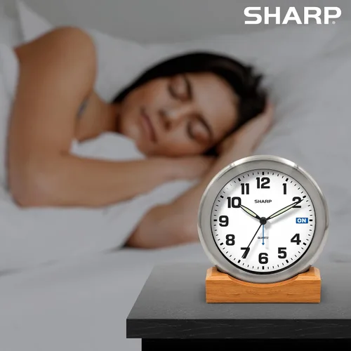 Miniatura 4 de Sharp Silent Sweep - Reloj despertador analógico sin tictac, escritorio de metal cepillado o reloj de pared con soporte de madera auténtica
