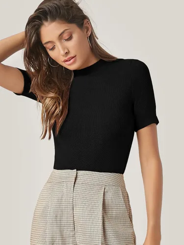 Miniatura 3 de Verdusa Camiseta básica casual de punto acanalado de manga corta con cuello alto alto para mujer