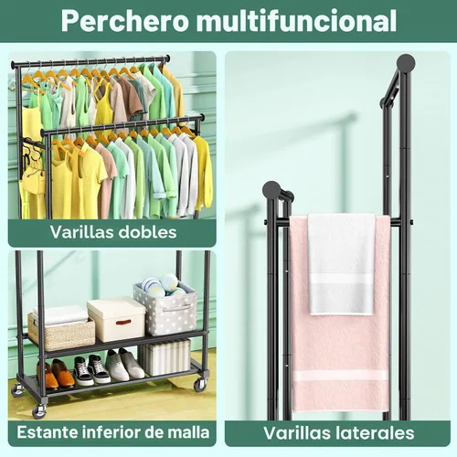 Miniatura 5 de Perchero de doble barra para colgar ropa, perchero de ropa resistente con ruedas, percheros de ropa independientes con estante inferior Oxford