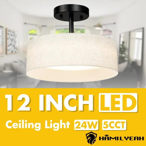 Miniatura 6 de Hamilyeah Lámpara de techo semiempotrada con pantalla de tela blanca, lámparas LED de 12 pulgadas para montaje en techo, lámpara de techo LED