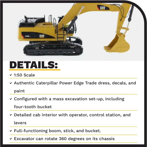 Miniatura 4 de Diecast Masters Excavadora Caterpillar 374D L 1:50 High Line Series Cat Trucks y equipo de construcción Modelo a escala 1:50 coleccionable