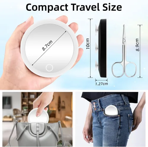 Miniatura 3 de Espejo de aumento con luz 10x, pequeño espejo de aumento de viaje con ventosas, recargable de 4 pulgadas con atenuación iluminada, espejo