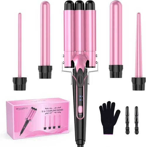 Waver - Rizador de rizador BESTOPE PRO 5 en 1 con 3 barriles para mujer, rizador de pelo de calentamiento rápido en todo tipo de cabello, color rosa