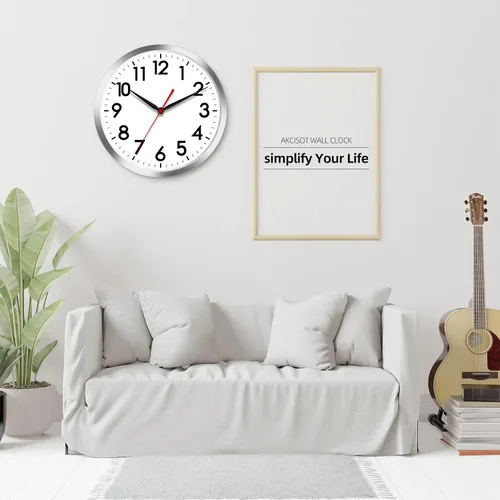 Miniatura 8 de AKCISOT Reloj de pared silencioso de 10 pulgadas, funciona con pilas, sin tictac, moderno reloj plateado decorativo para cocina, baño, dormitorio