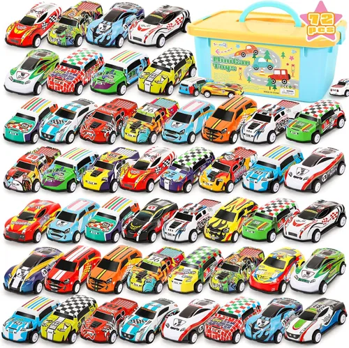 Miniatura 8 de SevenQ Coches de juguete para niños con caja de almacenamiento, 67 unidades de autos de carreras a granel, juguetes de caja del tesoro para el aula