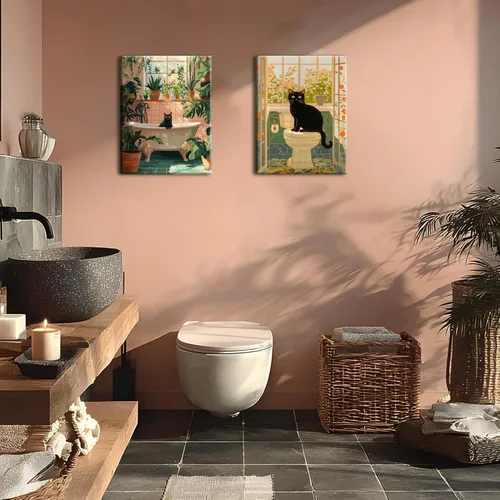 Miniatura 5 de Divertido Juego de Arte de Pared de Gato Negro para Baño de 2 Piezas, Pinturas Decorativas de Pared de Gato Negro Ecléctico en Baño, Póster