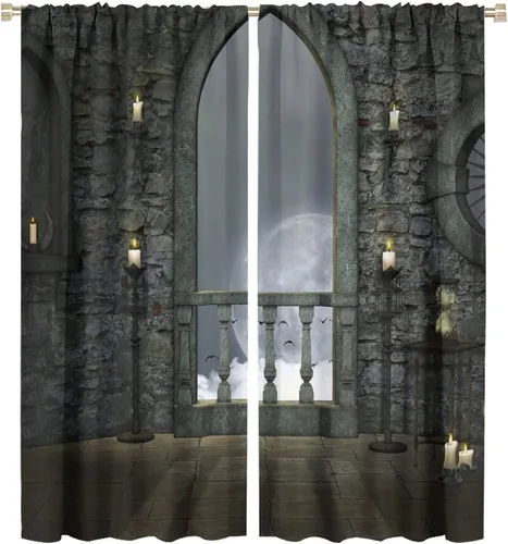 Miniatura 43 de Cortinas góticas con diseño de luna de Halloween, historia, puerta espeluznante, fondo de terror, vela, ficción, patrón de impresión, sala de estar