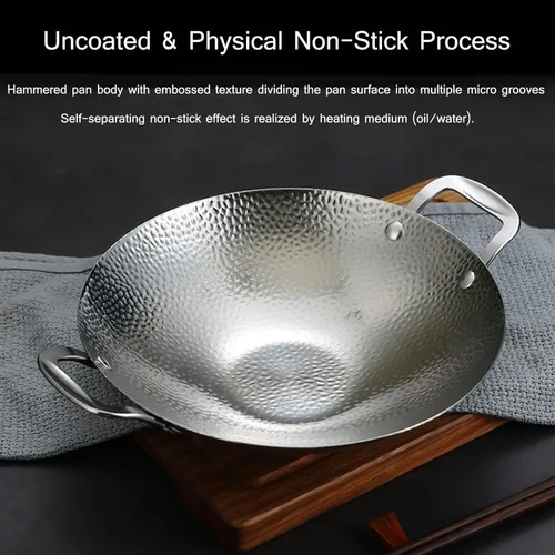 Miniatura 6 de SVRITE Sartén de acero inoxidable para paellas, sin recubrimiento, antiadherente, de 8, 9, 10, 11 pulgadas, sartén pequeña para fideos con doble