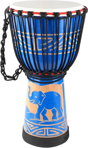 Miniatura 9 de LIEKE Djembe - Tambor africano de 10 x 20 pulgadas, cabeza de cabra caoba, pintado a mano, patrón pintado a mano, para adultos principiantes (azul)