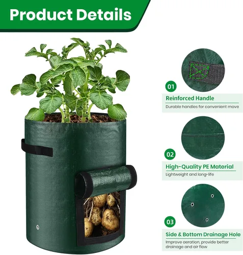 Miniatura 4 de Juego de 3 bolsas de cultivo de 10 galones, macetas de tela de polietileno resistentes con solapa y asas, bolsas de plantación verdes para papas