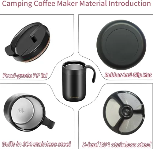 Miniatura 3 de Juego de cafetera de campamento de 16.5 onzas, cafetera portátil de acero inoxidable 304, cafetera de camping para exteriores, viajes, hogar