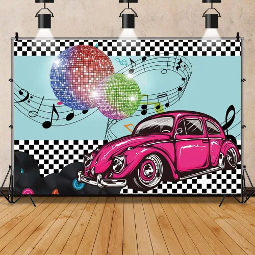 Miniatura 3 de Renaiss Telón de fondo de 5 x 3 pies de la década de 1950, diseño de bola de disco vintage, vinilo de coche de regreso a los años 50, fondo retro
