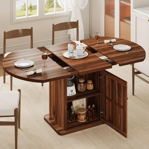 Miniatura 10 de iPormis Mesa de Comedor Redonda Extensible para 4-6, Mesa de Cocina Moderna de 59'', con Estante de Almacenamiento de 2 Niveles, Puerta de Madera