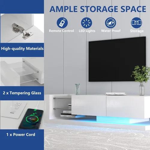 Miniatura 5 de BAMACAR Soporte de TV moderno para TV de 80 pulgadas, centro de entretenimiento con luz LED blanca con almacenamiento, soportes de TV de 80, 75, 70